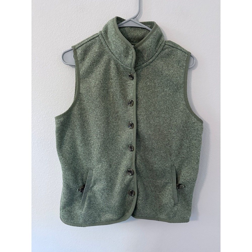 Croft & Barrow Fleece Vest M Green Comfy Button Front Mock Neck Heathered